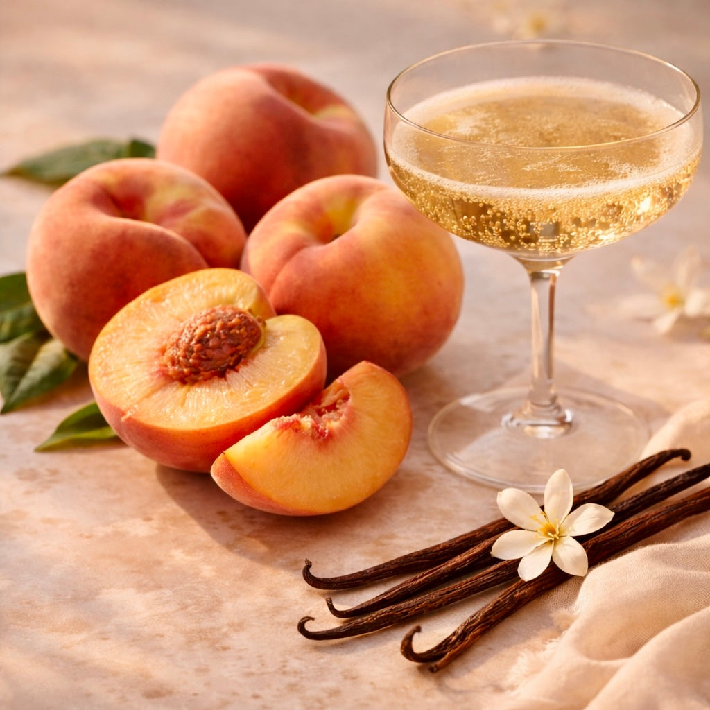Peaches, a glass of champagne, vanilla beans, and a vanilla flower on a marble surface.