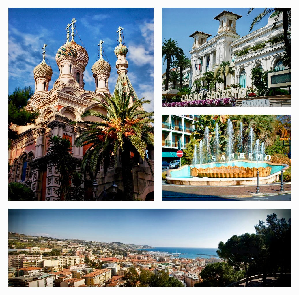 Collage of Sanremo images including a religious building, casino, fountain, and cityscape.
