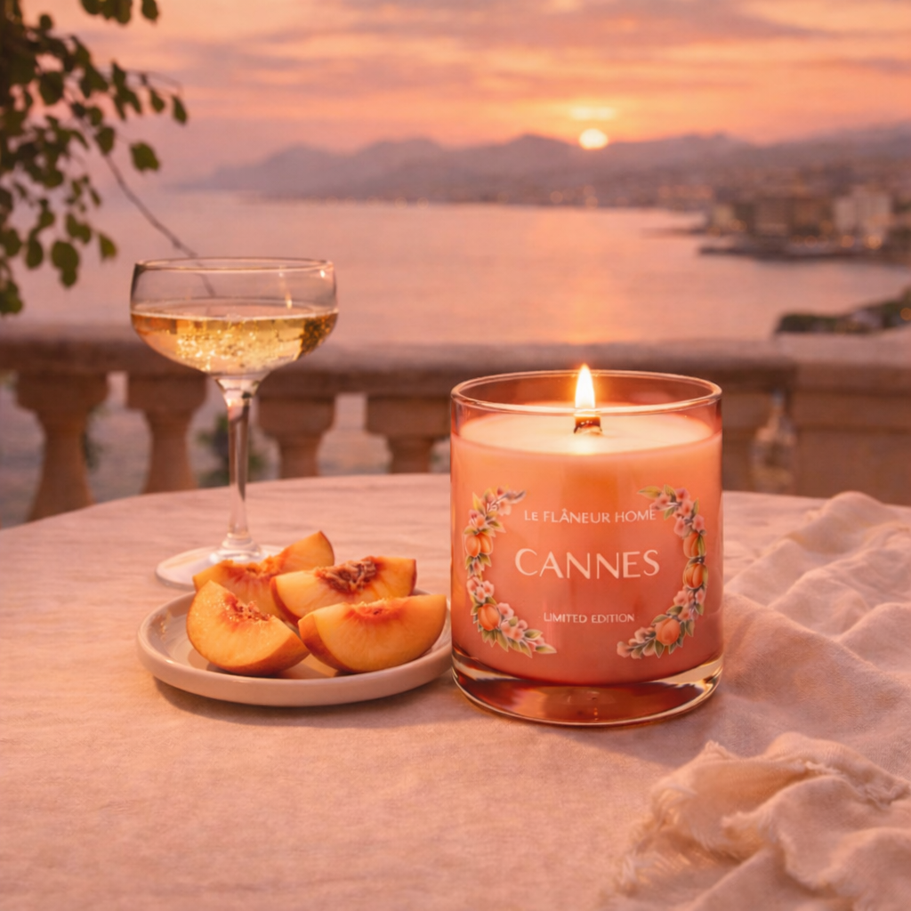 Le Flâneur Home Candle with a glass of champagne and peaches on a table with a sunset view.