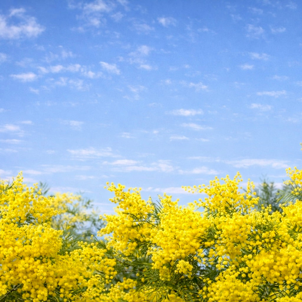 Yellow mimosa flowers against a blue sky with scattered clouds