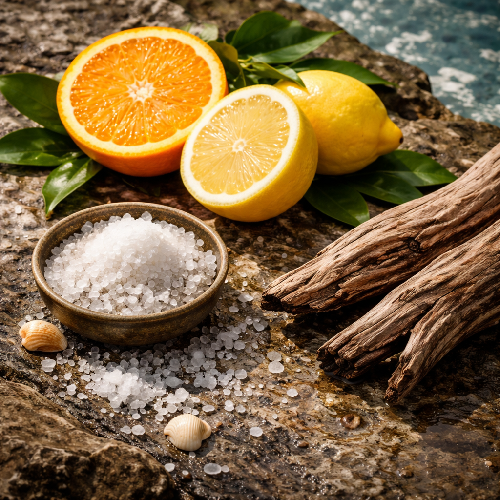 orange, sea salt, driftwood and lemon