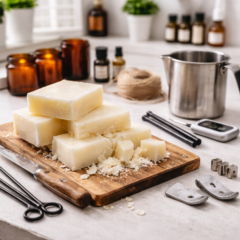 Stack of soy wax bars on a wooden cutting board with various candle-making tools and ingredients in the background.