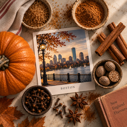 Boston skyline photograph surrounded by pumpkin, cinnamon sticks, nutmeg and autumn spices.