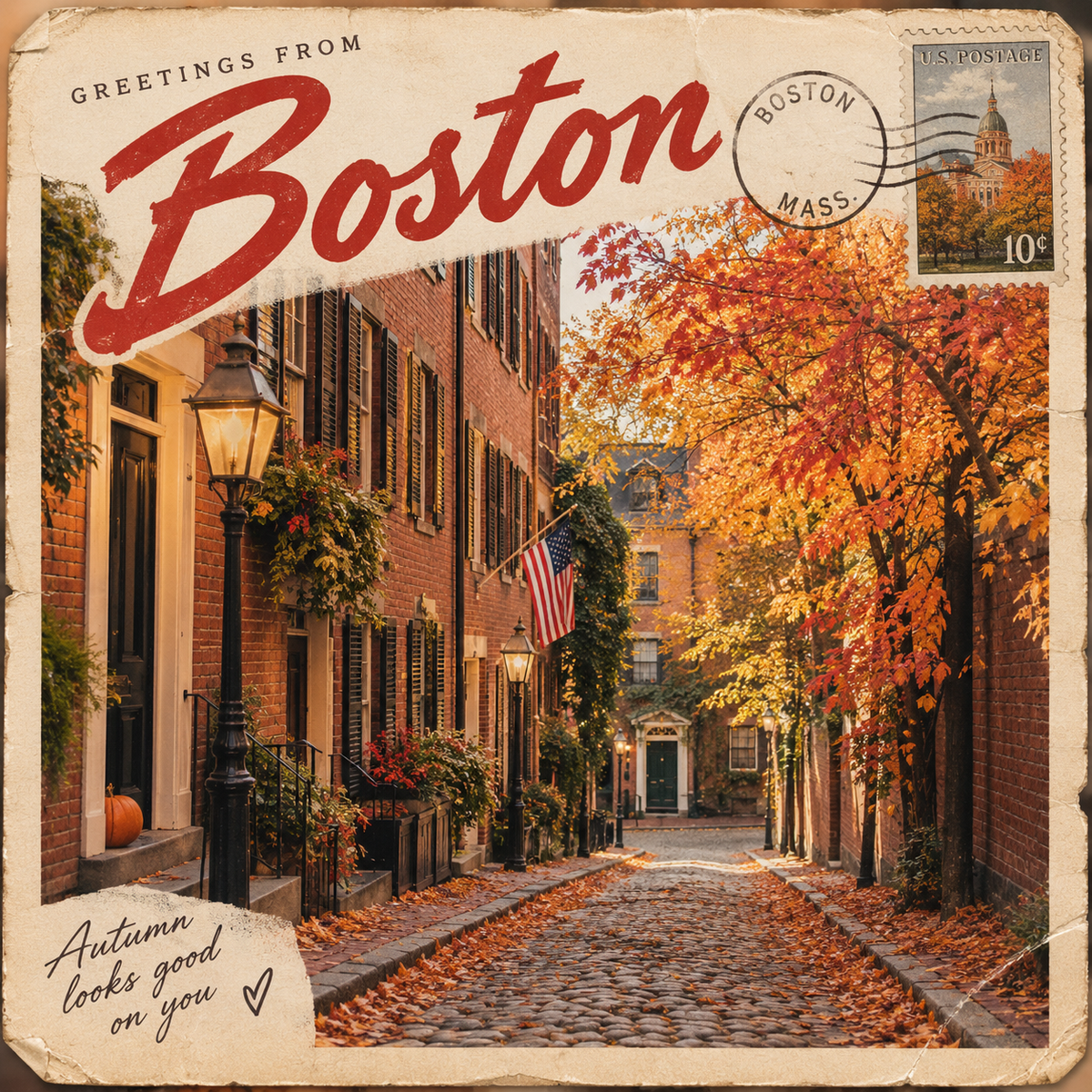 Greetings from Boston postcard showing a cobbled street, red-brick houses and golden autumn leaves.