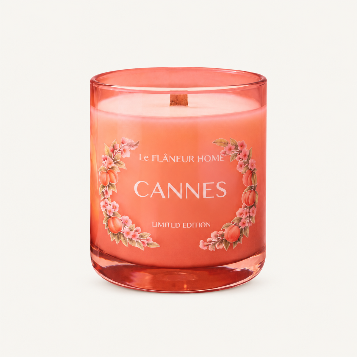 Cannes Scented Candle by Le Flâneur Home, unlit on an ivory background.