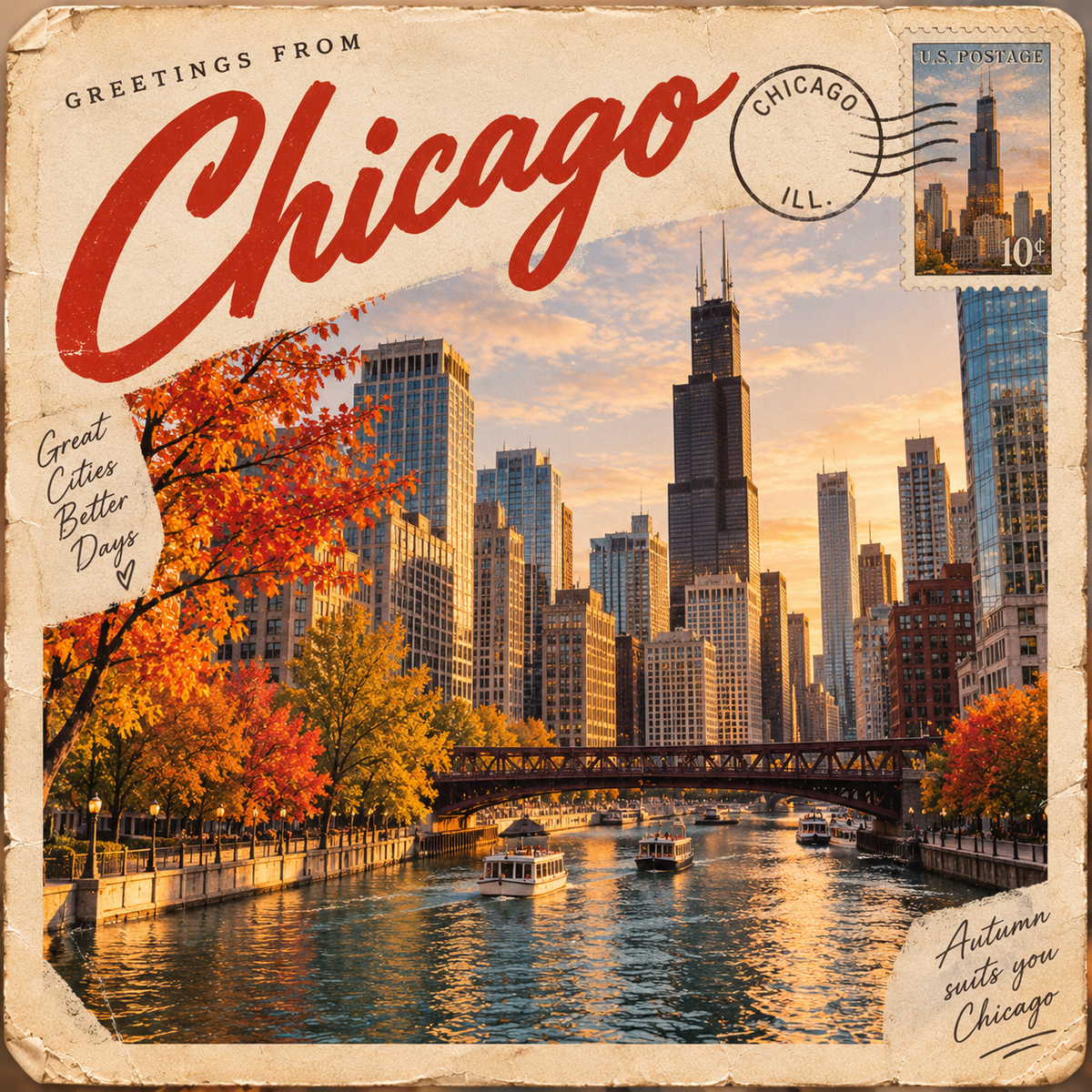 Greetings from Chicago postcard showing the river, city skyline and autumn trees at sunset.