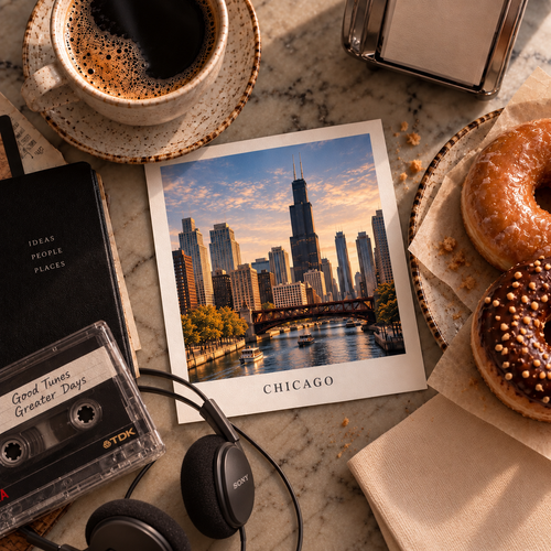 Chicago skyline photograph styled with coffee, doughnuts, headphones and a cassette tape on a stone tabletop.