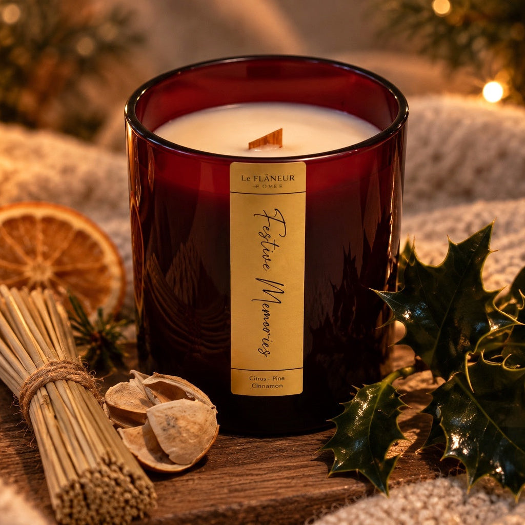 Le Flâneur Home Festive Memories scented candle in red glass with a wooden wick, styled with dried orange and holly.