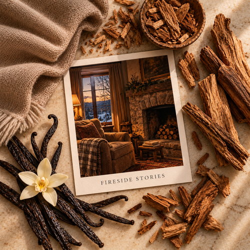 Fireside Stories scent inspiration board with warm woods, vanilla and soft fabric textures.