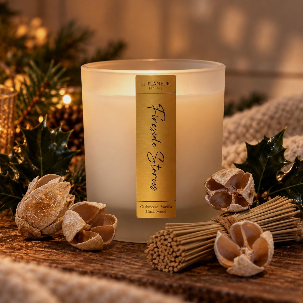 Le Flâneur Home Fireside Stories scented candle in frosted white glass with a gold label, styled with holly and a knitted blanket.