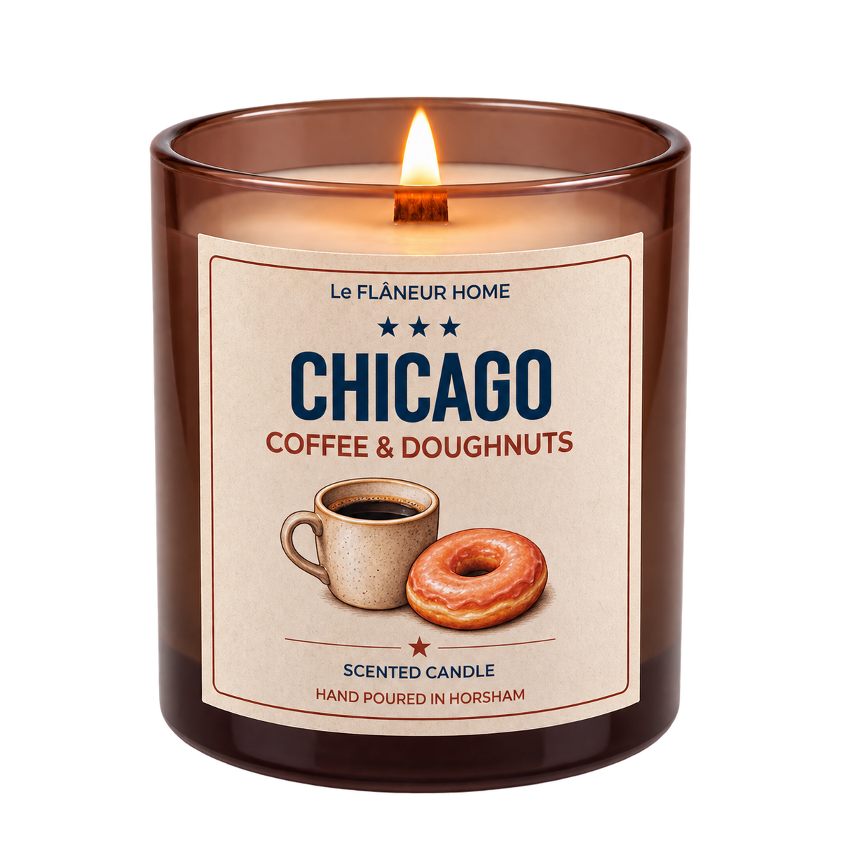 Lit Chicago Coffee & Doughnuts scented candle by Le Flâneur Home in an amber glass jar with a wooden wick.