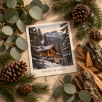 Mountain Lodge scent inspiration board with eucalyptus, pine and wood.