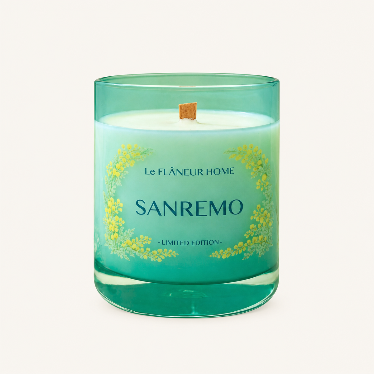 Sanremo Scented Candle by Le Flâneur Home, unlit on an ivory background.