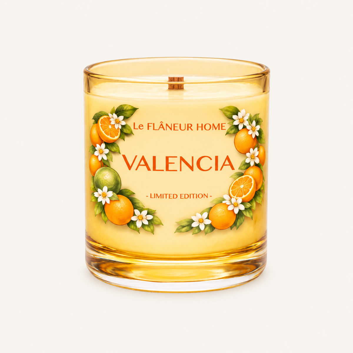 Valencia Scented Candle by Le Flâneur Home, unlit on an ivory background.