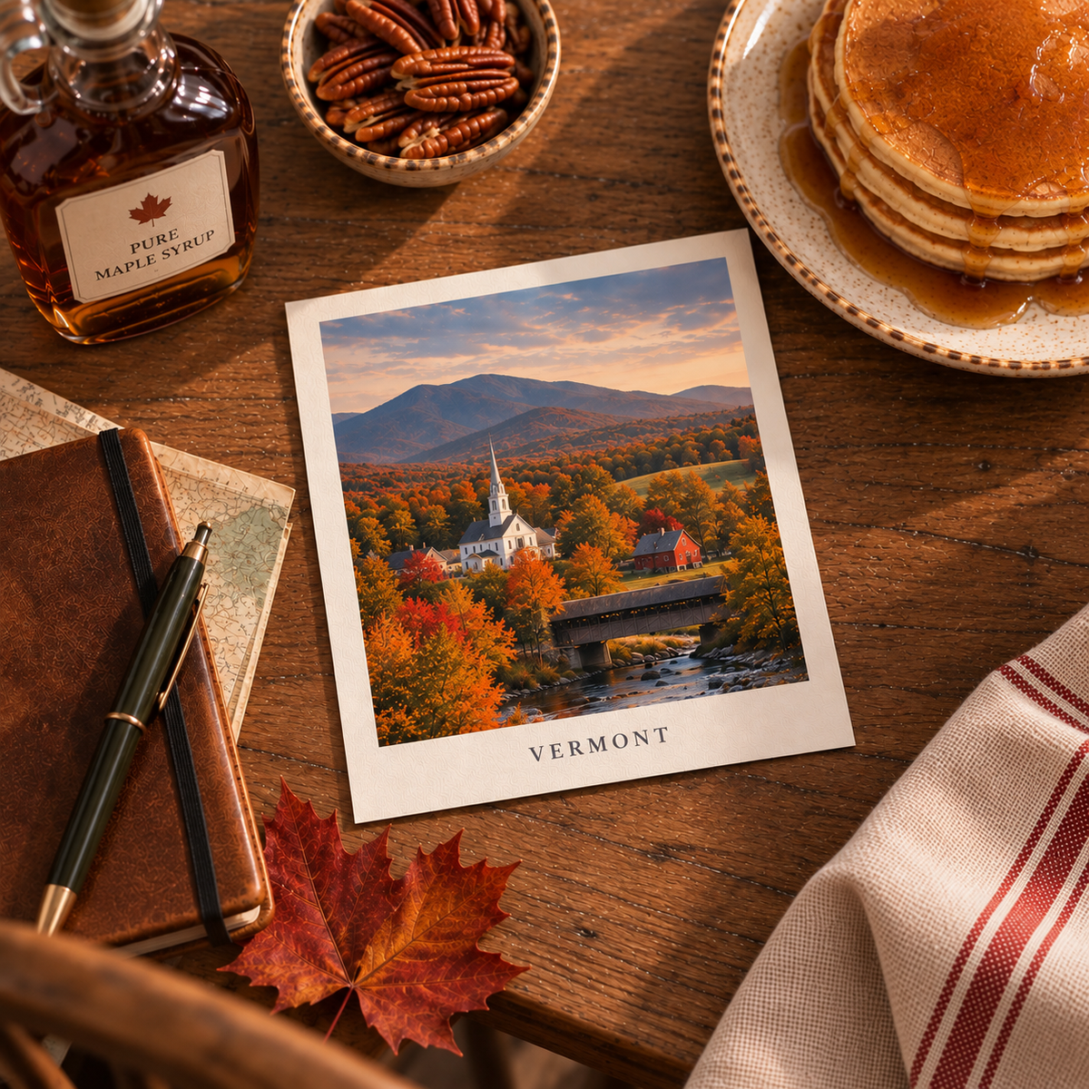 Vermont autumn landscape photograph styled with maple syrup, pecans and pancakes on a wooden table.