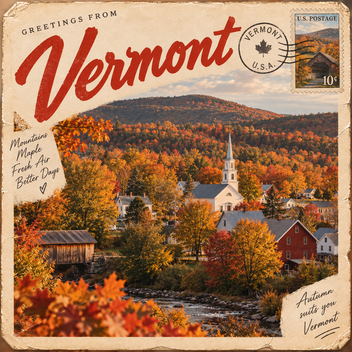 Greetings from Vermont postcard showing autumn foliage, a village church and a covered bridge.